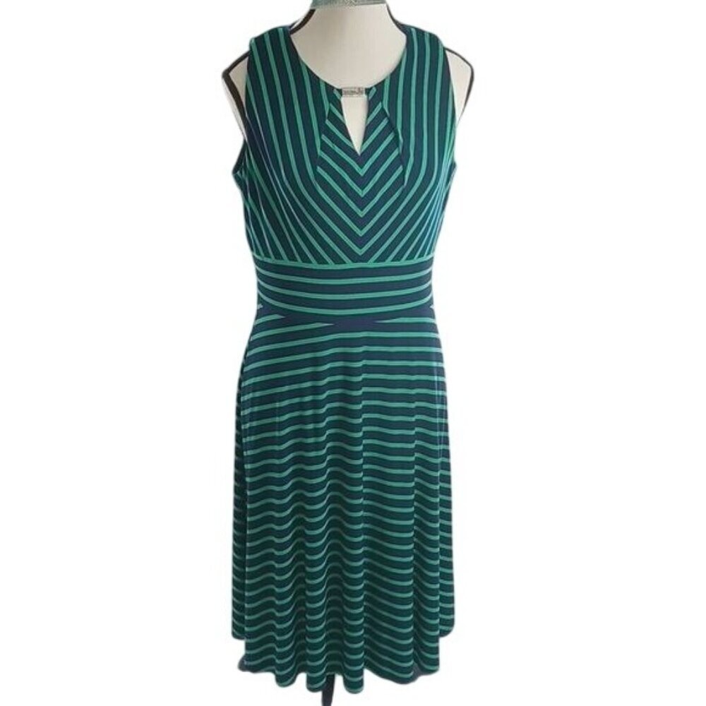 Liz Claiborne Womens Size 8 Green Navy Sleeveless Striped Fit Flare Dress